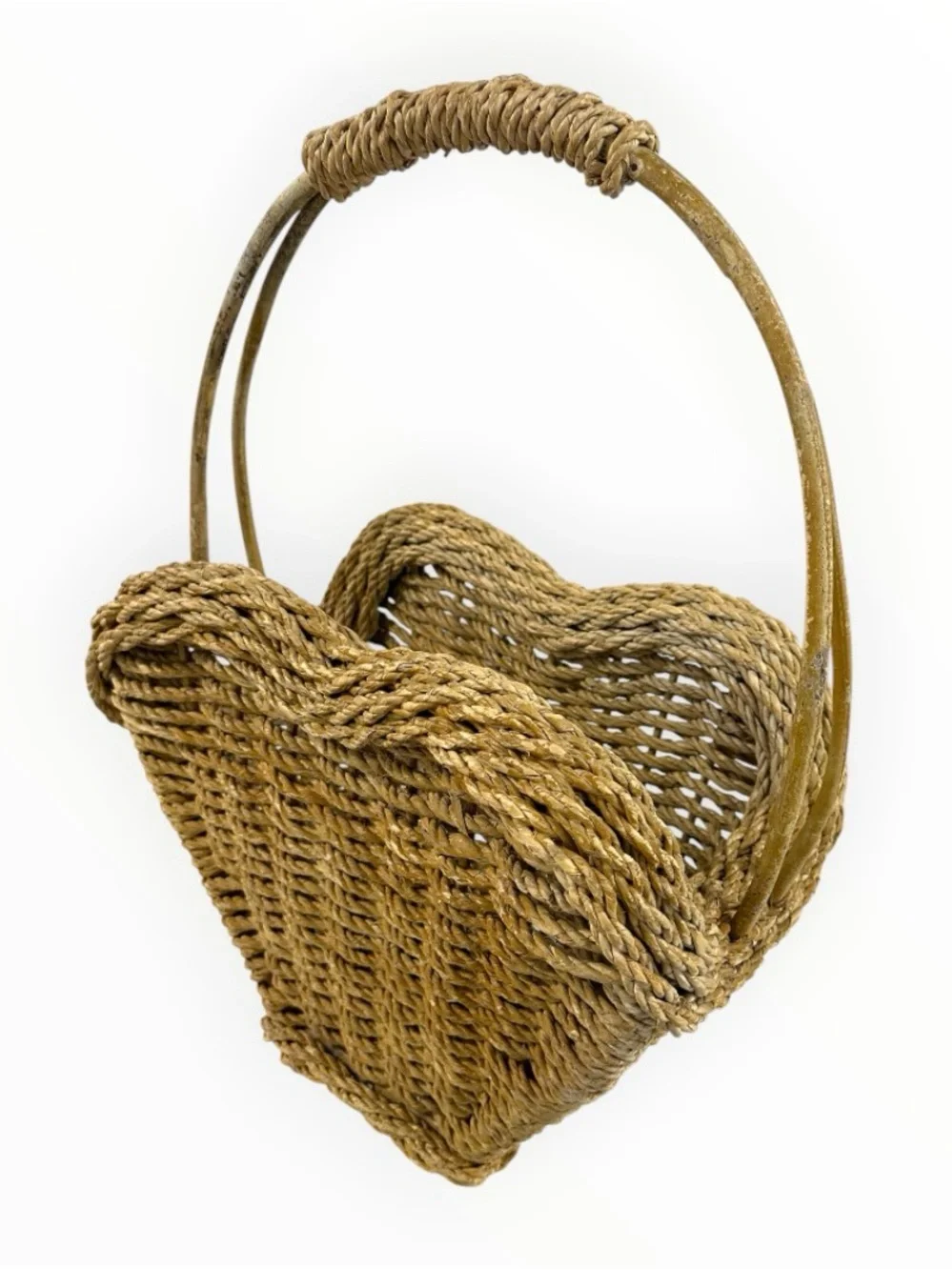 Vintage Large Heart Shaped Woven Wicker Basket 22” Rustic Double Handle